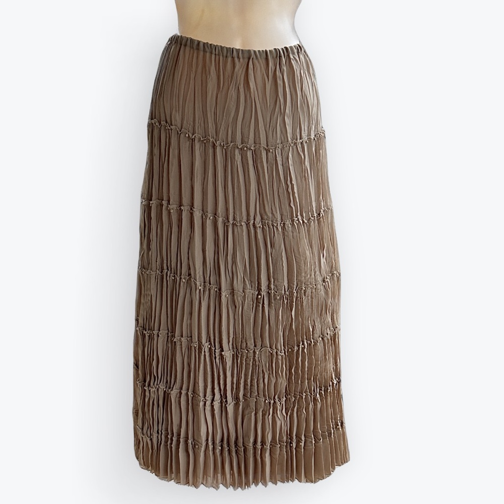 Festival Broomstick Beaded Crinkle Tiers Light Brown Pull-On Lined Maxi Skirt ~S